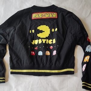 Justice Kids Black Pac-Man Windbreaker Jacket XL Size EUC Full Zip